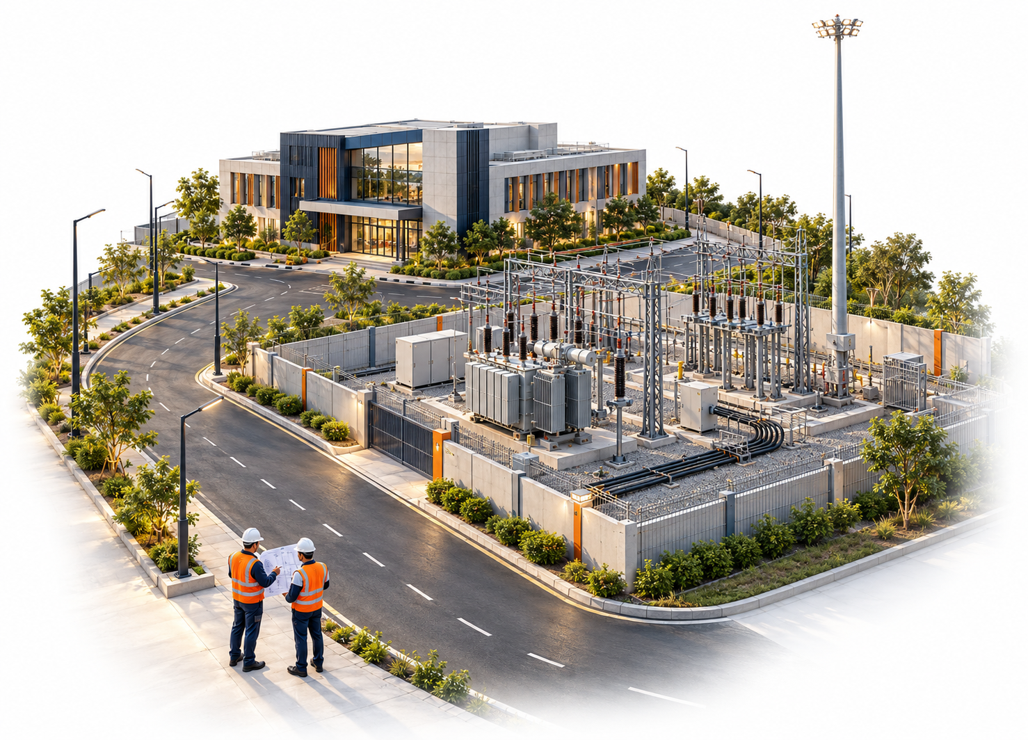 Realistic concept of engineers reviewing electrical substation and civil infrastructure